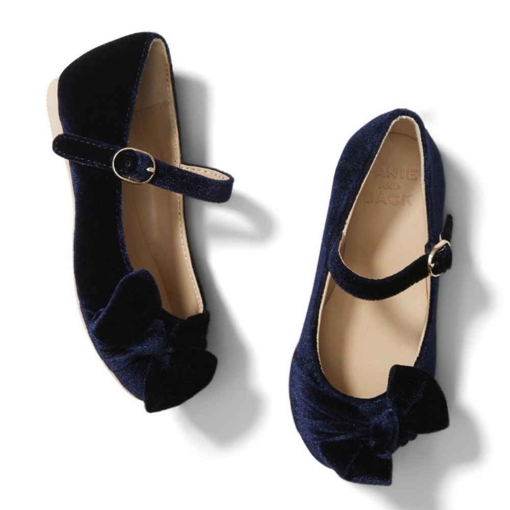 Janie and Jack Dark Marine Velvet Bow Flats
